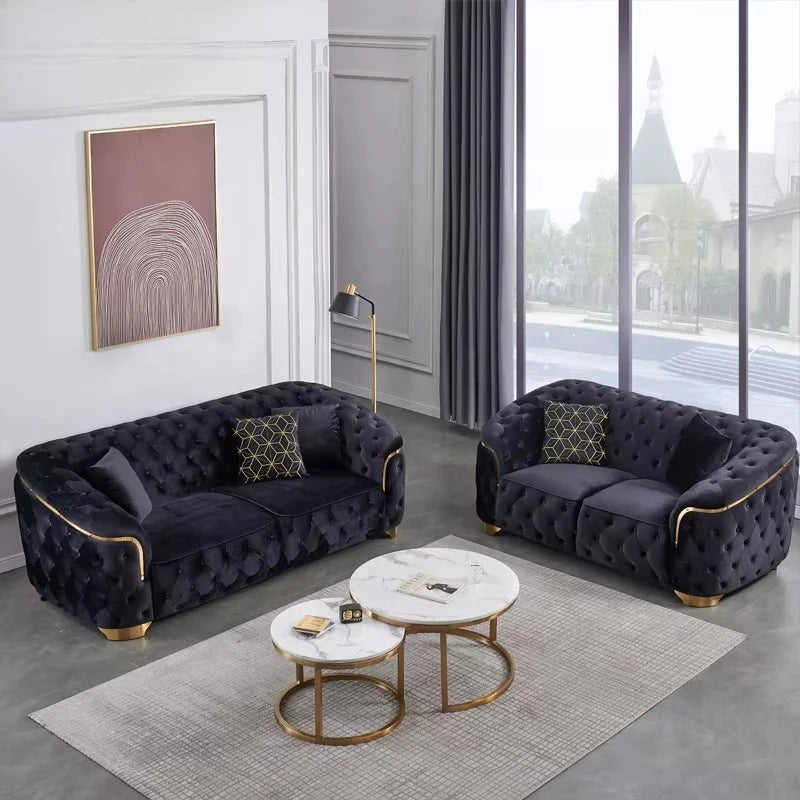 Modern luxury velvet Chesterfield Lounge sofa set with gold base and wooden legs for villa living room