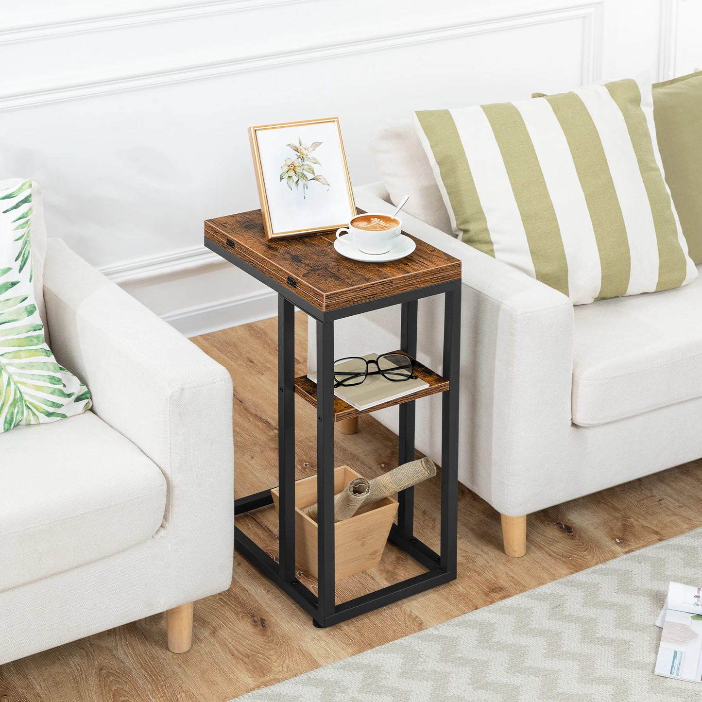 HOOBRO C-Form Side Table Folding Sofa Table Coffee Table Snack Table with Storage Shelf Slim Bedside Table For Livingroom Bedrom