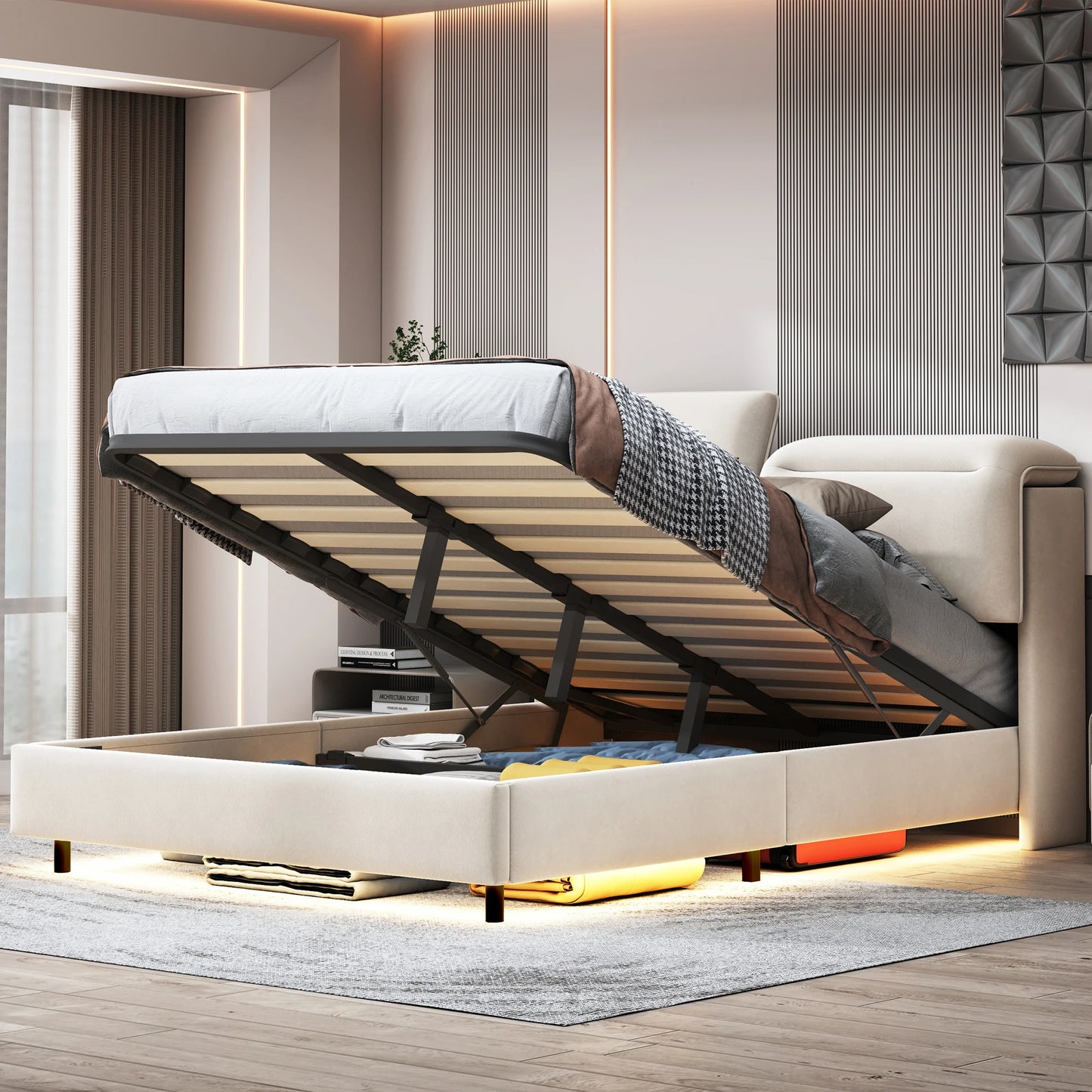 Creahappy - Soft-padded Double Bed - With Foldable, Adjustable Headboard - 160x200cm Double Bed - Under-bed LED Strip Light