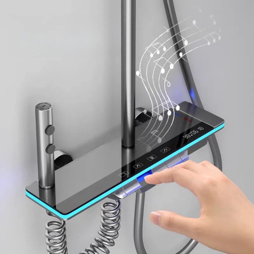 Bathroom Luxury Shower Faucet System with Lights Tempered Glass Shower Set Digital Display Copper Mixer Shower Faucet Set
