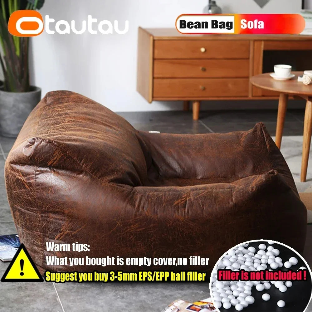 OTAUTAU Filled Adults Faux Retro Suede Leather Pouf Bean Bag with Filler Comfy King Size Armchair Lazy Single Sofa SF042