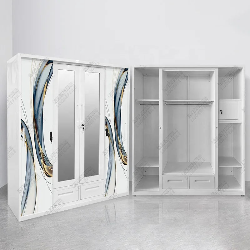 Bedroom Furniture Custom Printed Iron Drawer Mirror Cabinet Sliding 4 Door Metal Steel Wardrobe
