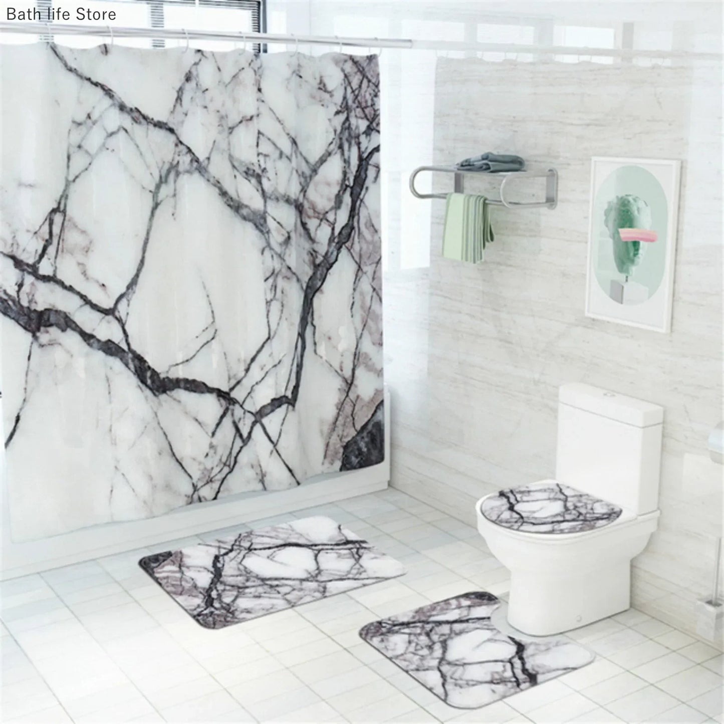 Marble Shower Curtain Sets Modern White Gold Bath Curtains 3D Luxury Toilet Cover Polyester Fabric Bathroom Accessories Sets