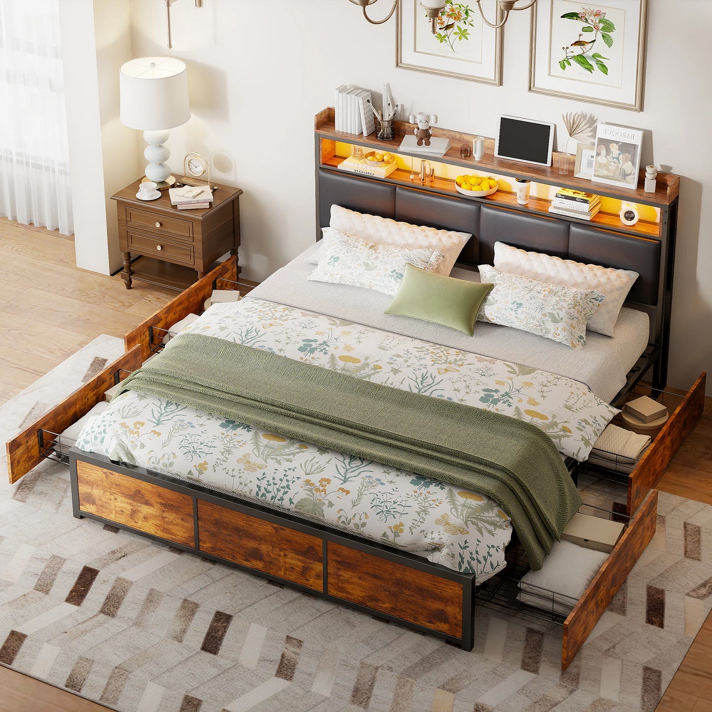 Comanlai Upholstered Bed160 x 200 cm,Double Bed with 4 Drawers and LED Lights,Metal Bed Frame,PU Leather,Tiger Skin Colour