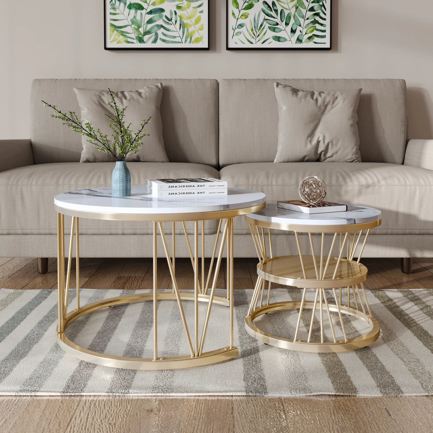 Coffee Table, Round coffee Table Set of 2, Marble Look Coffee Table with Metal Leg Frame, Sofa-side Table, Embedded Coffee Table