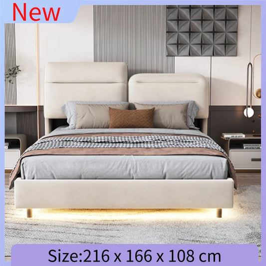 Creahappy - Soft-padded Double Bed - With Foldable, Adjustable Headboard - 160x200cm Double Bed - Under-bed LED Strip Light