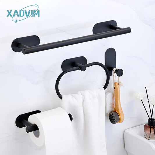 No Drilling Stainless Black Silver Towel Bar Self-adhesive Hook Paper Holder Towel Ring Brushed Gold Bathroom Accessories Set