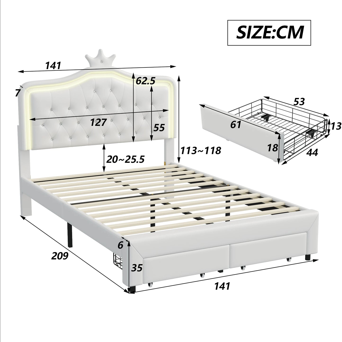 Children's bed, double bed 140x200 cm, crown-shaped princess bed, PU leather, adjustable LED ambient light strip - white
