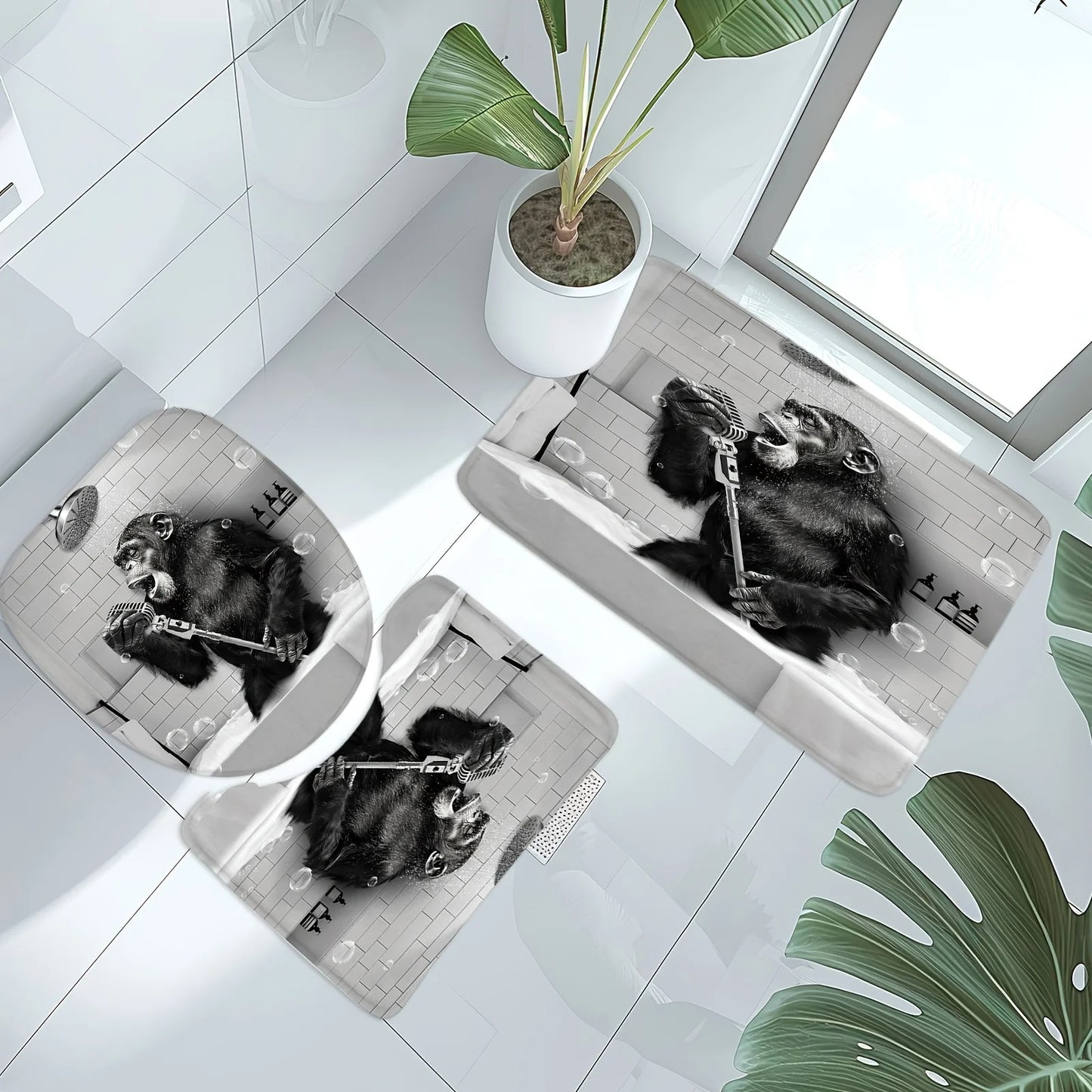 1pc/4pcs - Funny Monkey Shower Curtain Set, Black and White Animal Chimpanzee Singing in Bathtub, Mens Modern CoolBathroom Decor