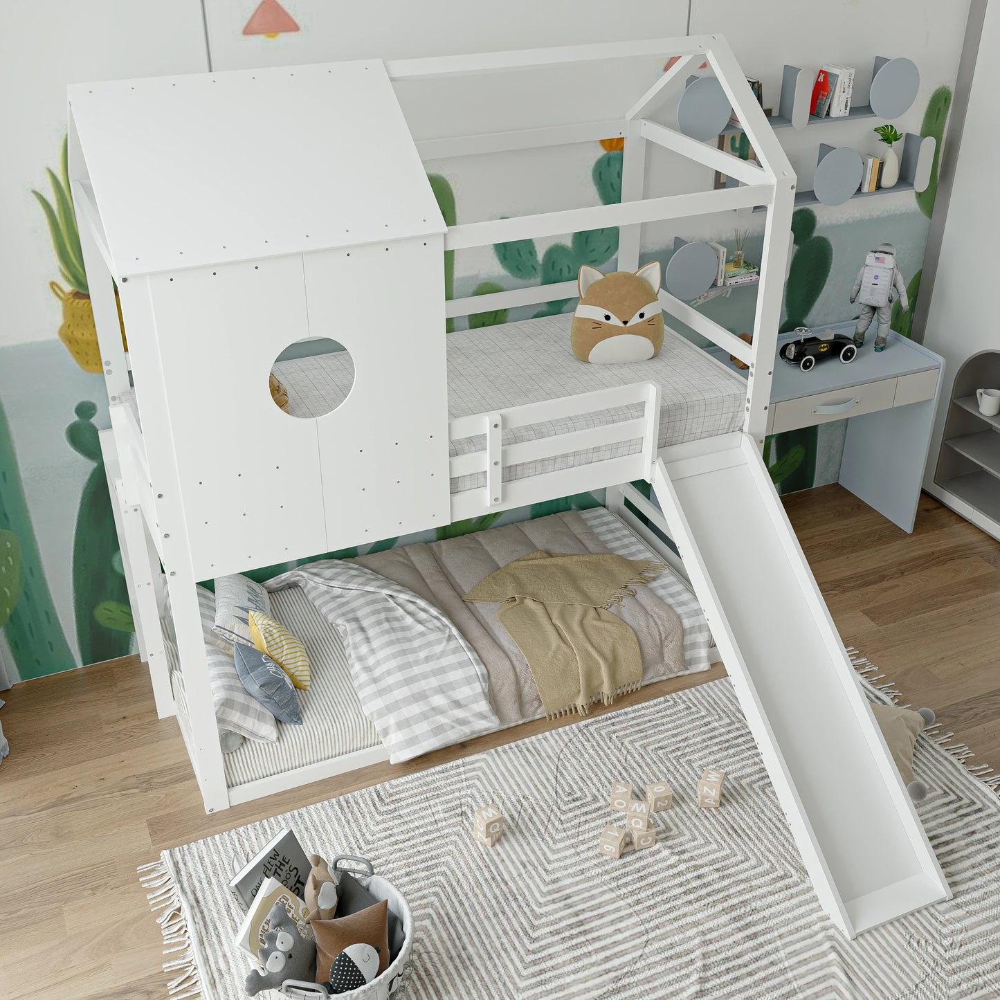 Lazyspace Children's Bunk Bed, with Slide, White Bunk Bed with Roof, with Full Protection and Slatted Frames, 90 x 200cm