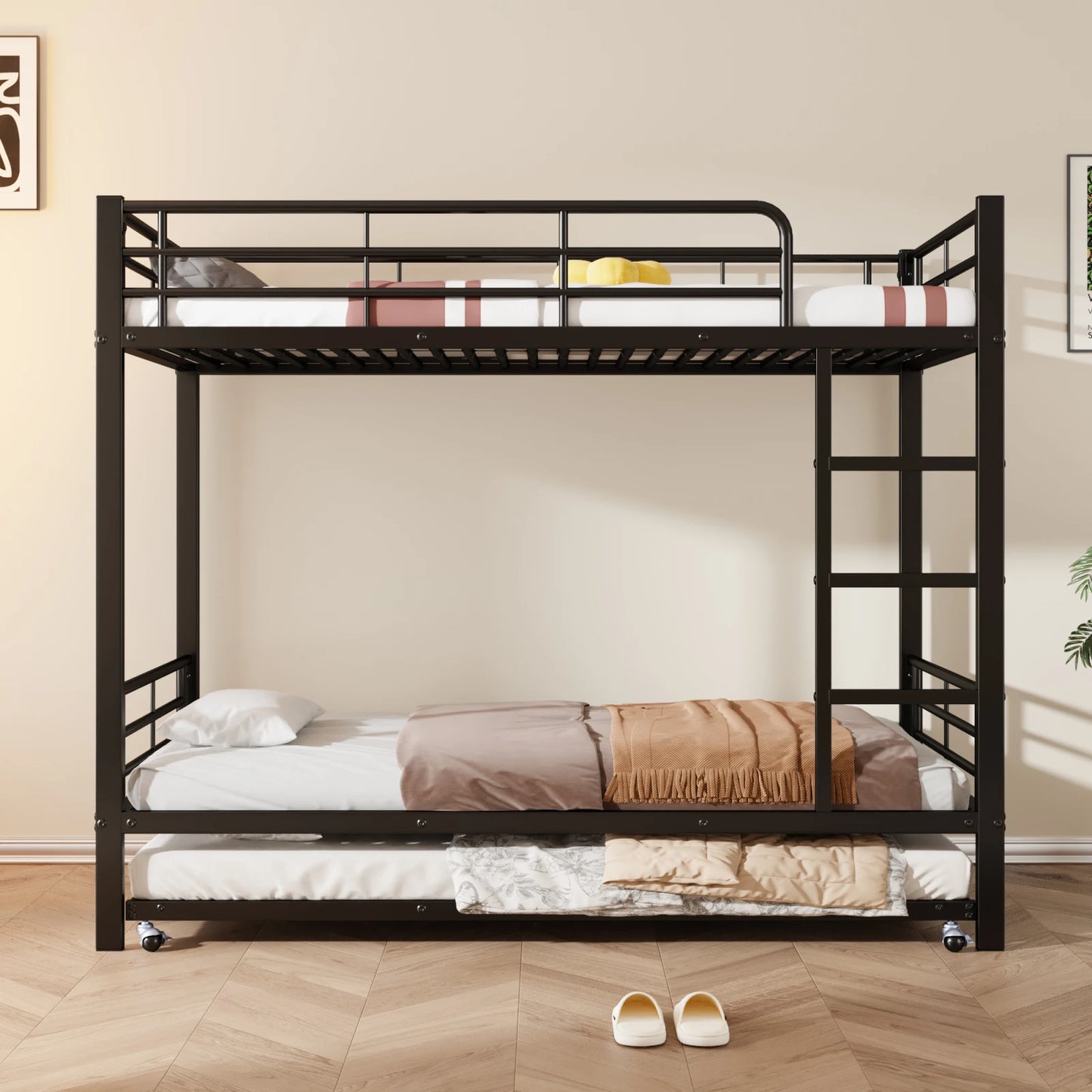 Comanlai 90×200cm Children's Bed Frame,Double Bed with pull-out Bed,Iron Bunk Bed Frame with Fall Protection,Three Bed Frame