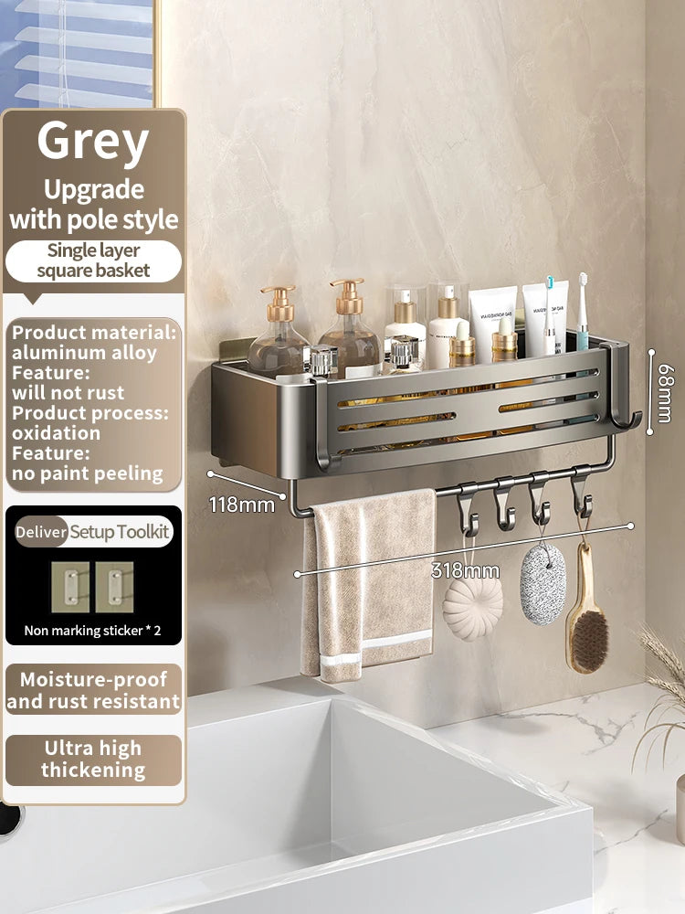 No-Drill Adhesive Style Aluminum Bathroom Shelf Shelves Shampoo Makeup Storage Holder Kitchen Organizer Wall Mounted Rack Access