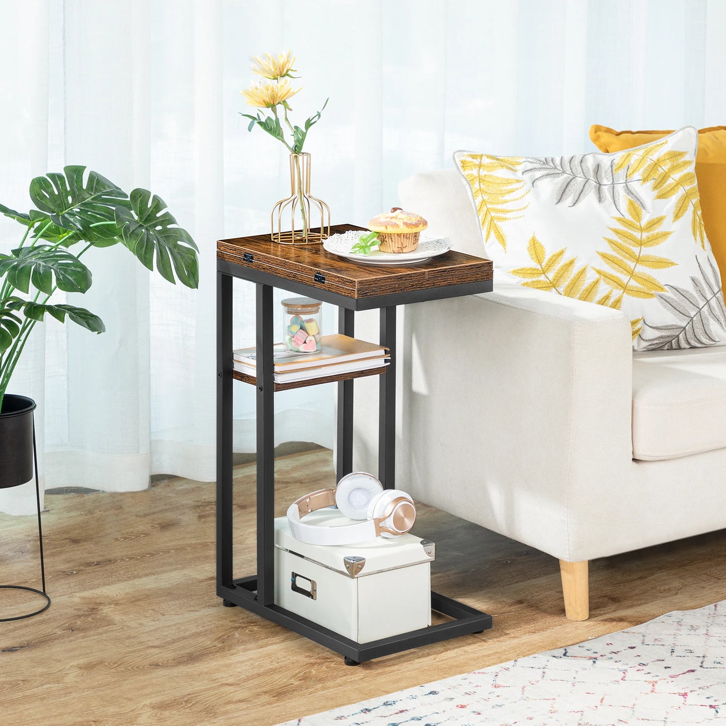 HOOBRO C-Form Side Table Folding Sofa Table Coffee Table Snack Table with Storage Shelf Slim Bedside Table For Livingroom Bedrom