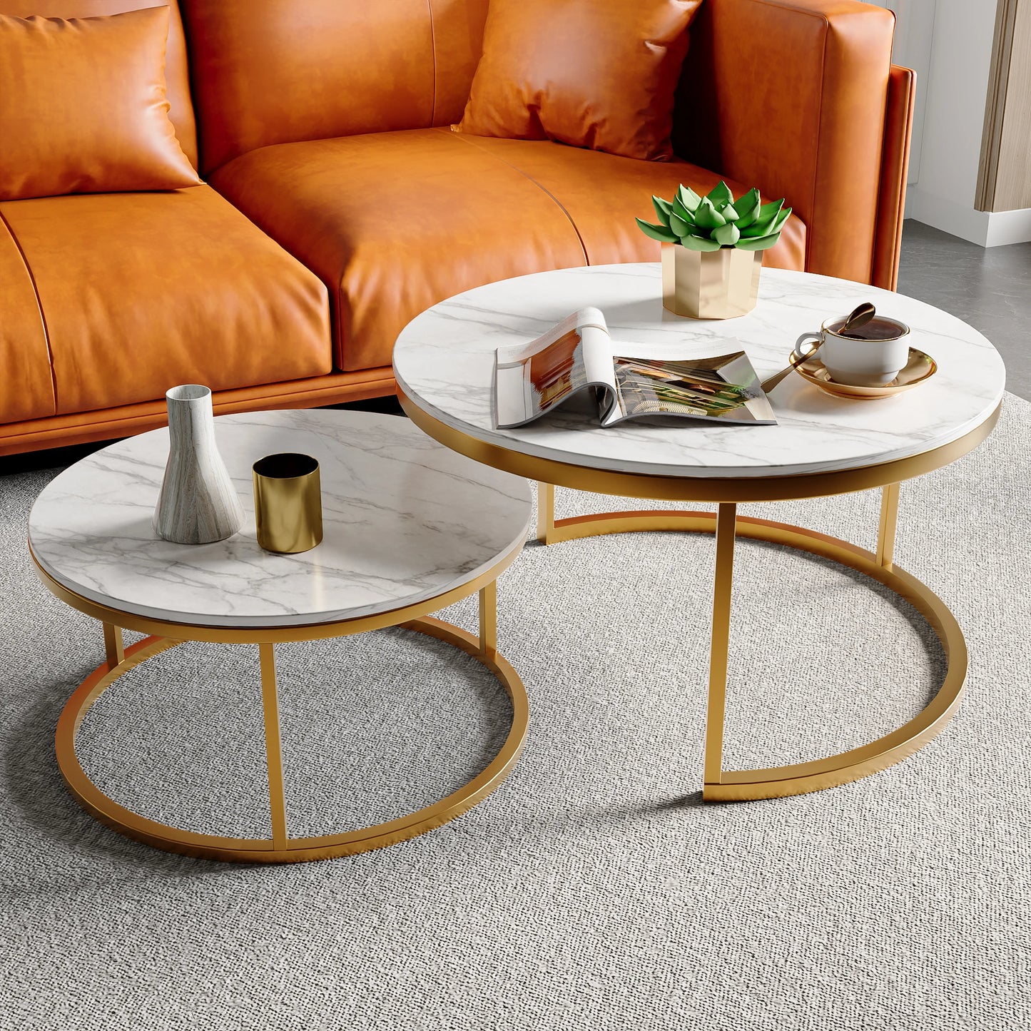 Coffee Table, Round coffee Table Set of 2, Marble Look Coffee Table with Metal Leg Frame, Sofa-side Table, Embedded Coffee Table