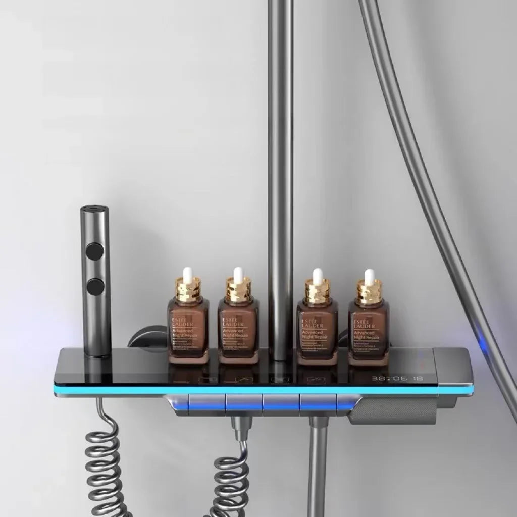 Bathroom Luxury Shower Faucet System with Lights Tempered Glass Shower Set Digital Display Copper Mixer Shower Faucet Set