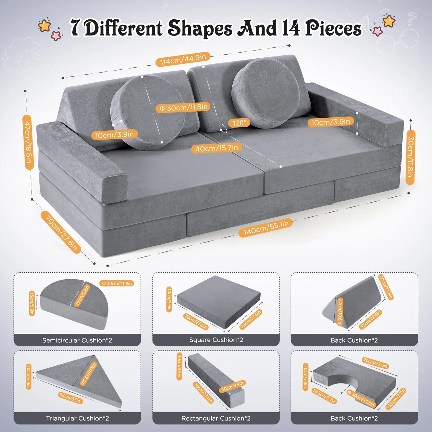 14PCS Kids Sofa Set, Stackable Foam Building Blocks For Boys And Girls, Kids Play Sofa For Sleeping Corner And Playroom Indoor