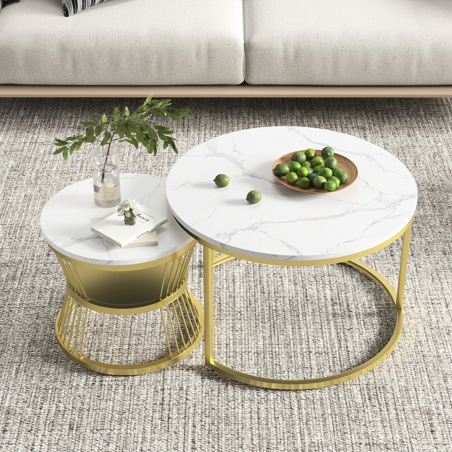 Coffee Table, Round coffee Table Set of 2, Marble Look Coffee Table with Metal Leg Frame, Sofa-side Table, Embedded Coffee Table