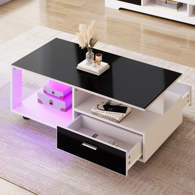 Modern LED coffee table with black glossy top with two drawers, color combination black and white