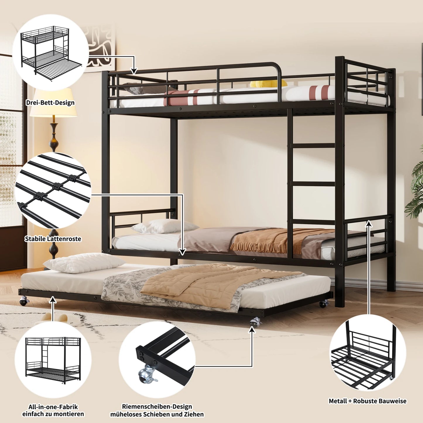 Comanlai 90×200cm Children's Bed Frame,Double Bed with pull-out Bed,Iron Bunk Bed Frame with Fall Protection,Three Bed Frame