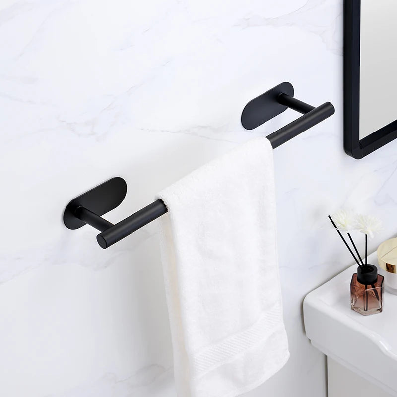 No Drilling Stainless Black Silver Towel Bar Self-adhesive Hook Paper Holder Towel Ring Brushed Gold Bathroom Accessories Set