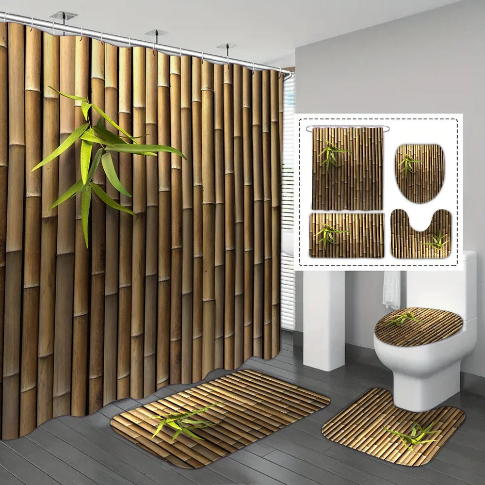4-piece set of bamboo forest plant printed waterproof shower curtains with 12 hooks and bathroom floor mats