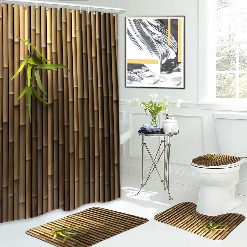 4-piece set of bamboo forest plant printed waterproof shower curtains with 12 hooks and bathroom floor mats