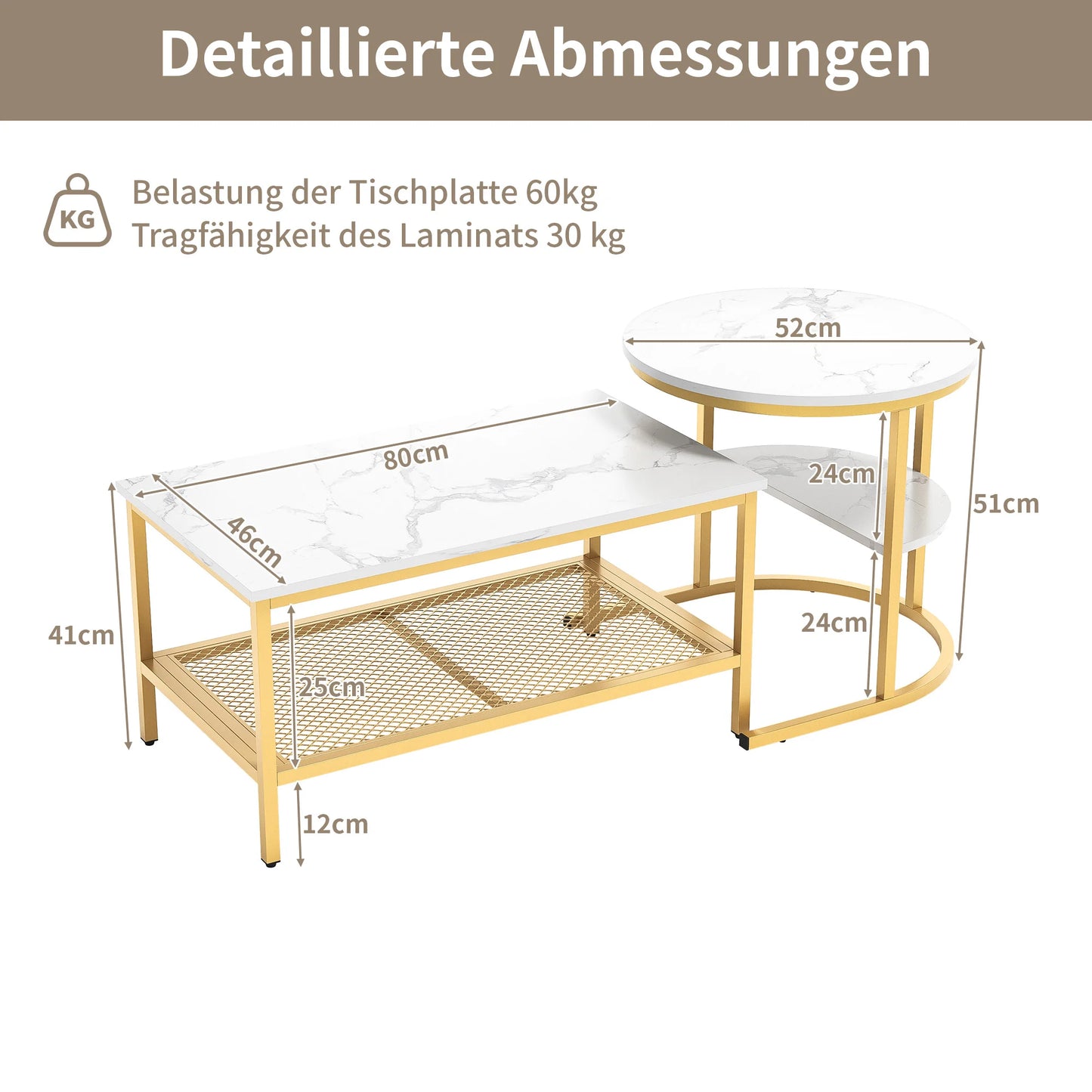 Lazyspace Coffee Table Round White Marble with Gold/Black - Round Living Room Table Set of 2 for Living Room - Diameter 80x52cm