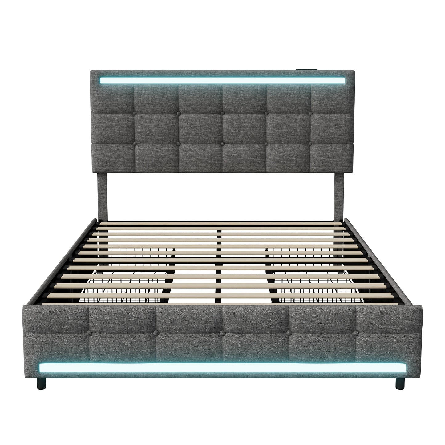 Lazyspace Hemp Upholstered Bed 140x200cm, Single Double Bed Frame with RGB Lights Headboard, USB Port and 4 Storage Drawers