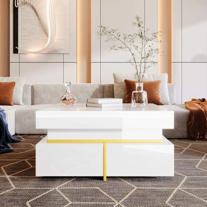 70 L x 35,5 H x 70 B (cm) Coffee table, Black high gloss living room table, side table with drawers and golden accents
