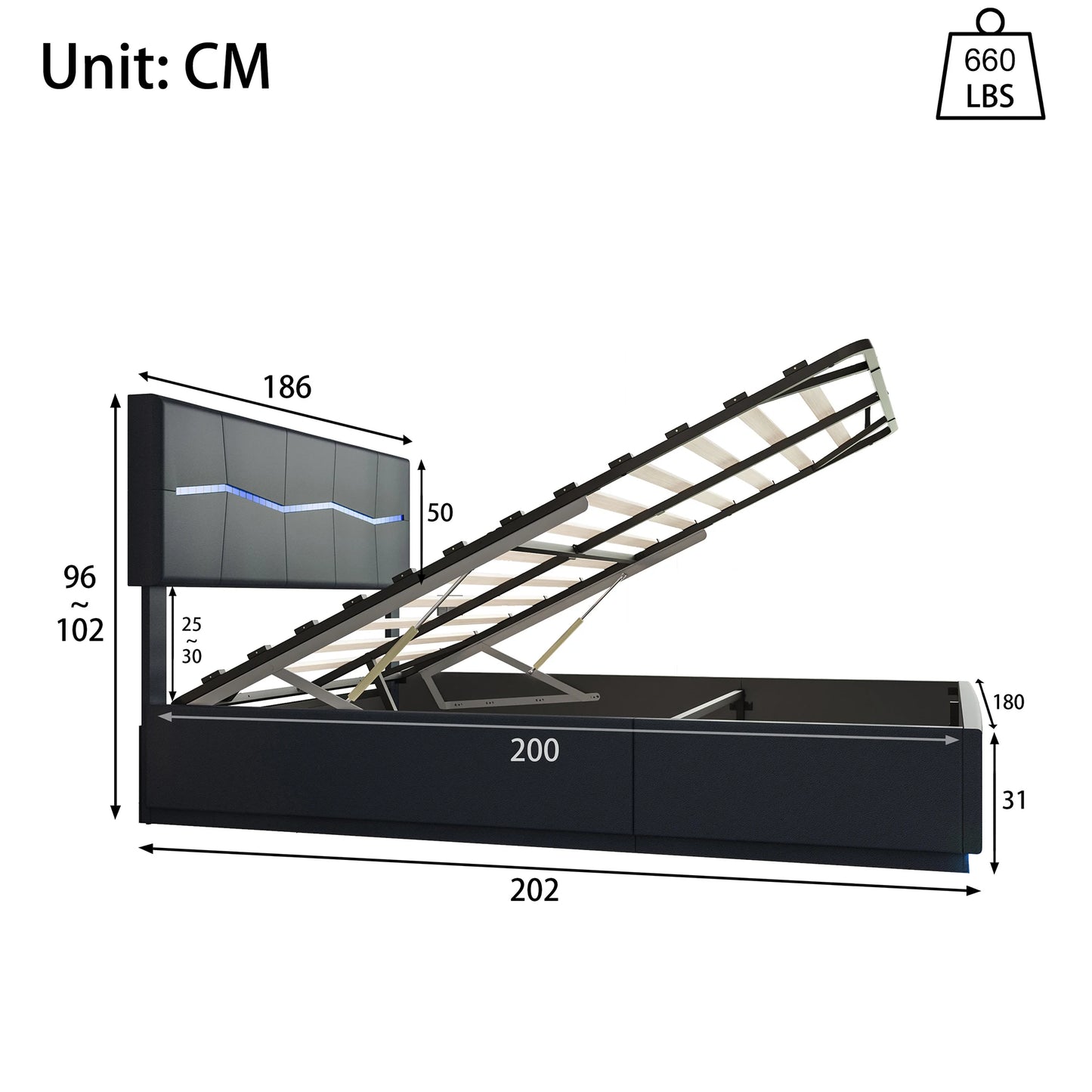 Comanlai 180x200cm Upholstered Bed,Double Bed with LED Lights,Hydraulic Storage Bed with Slatted Frame,PU Leather