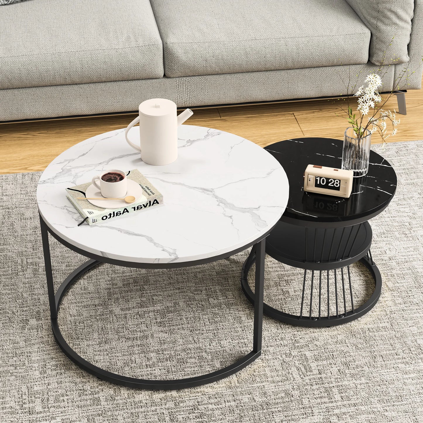 Coffee Table, Round coffee Table Set of 2, Marble Look Coffee Table with Metal Leg Frame, Sofa-side Table, Embedded Coffee Table