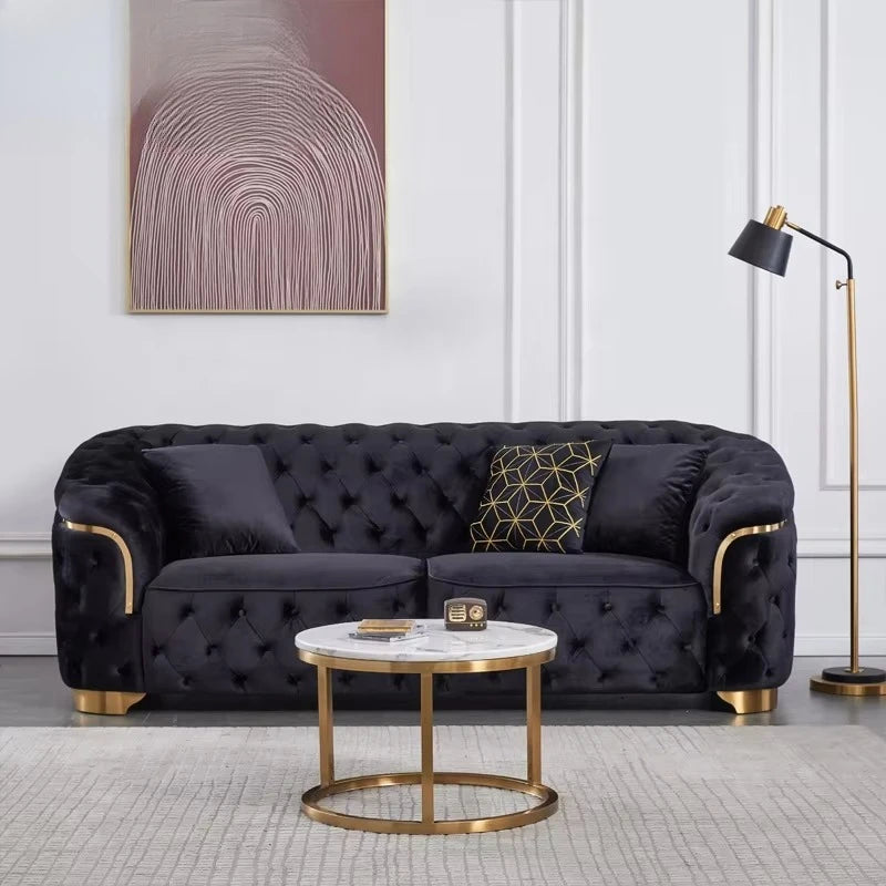 Modern luxury velvet Chesterfield Lounge sofa set with gold base and wooden legs for villa living room