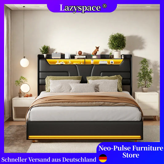 Lazyspace Black PU Storage Bed,Headboard with LED Bed Frame,Pressure Rod Upholstered Bed with Storage Space,Bedroom Furniture