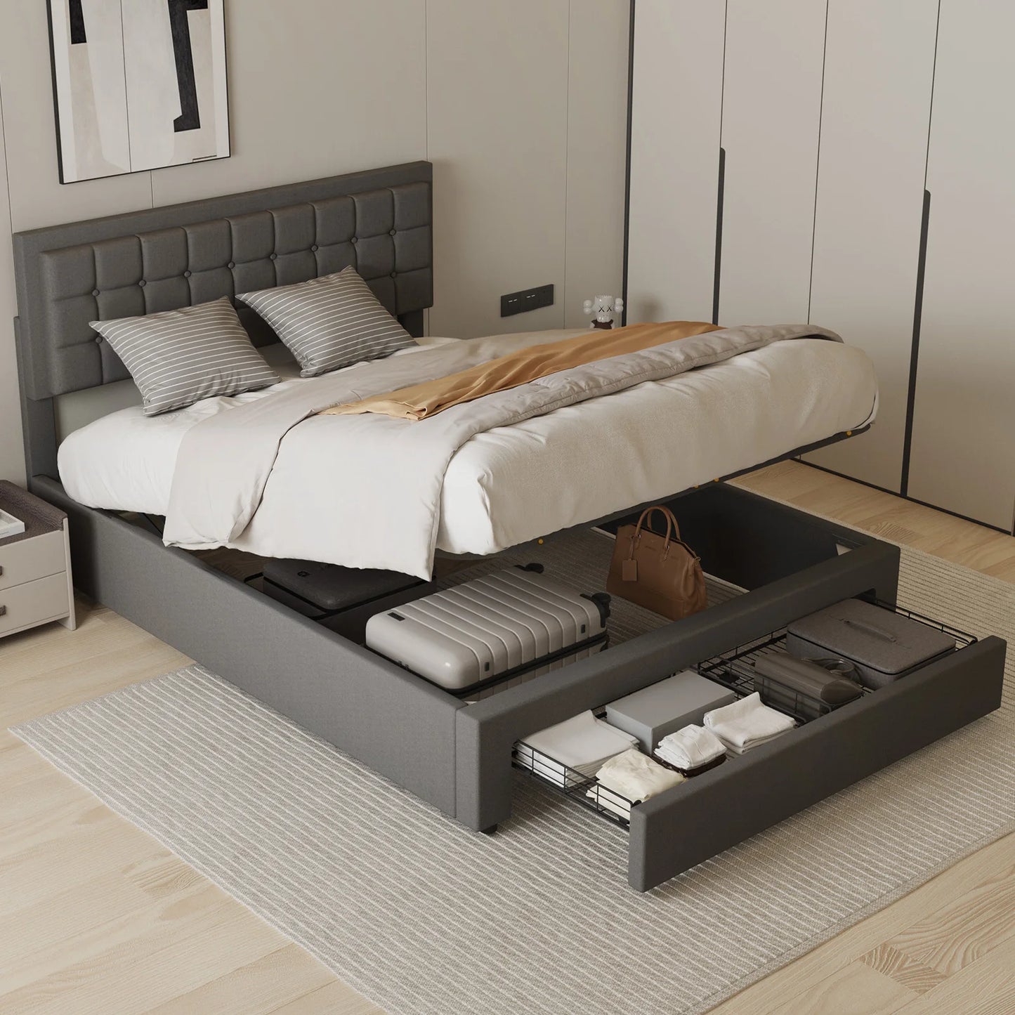 Lift Storage Bed , Double Bed Frame, Upholstered Bed Frame with Gas Lift Large Storage, for Bedroom Furniture, Without Mattres