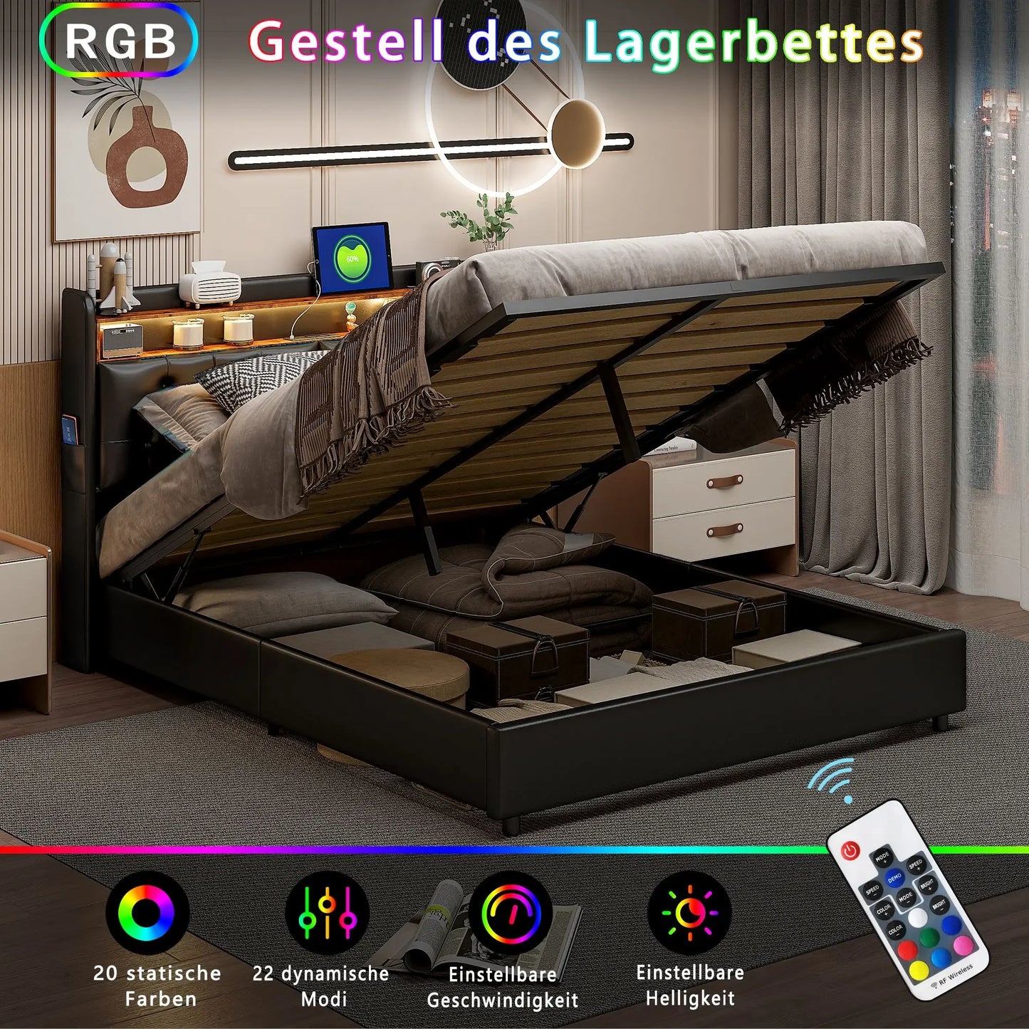 Creahappy Soft-Padded Bed - Double Bed Frame 160x200cm - With USB Charging Function and Pneumatic Lever Storage Function