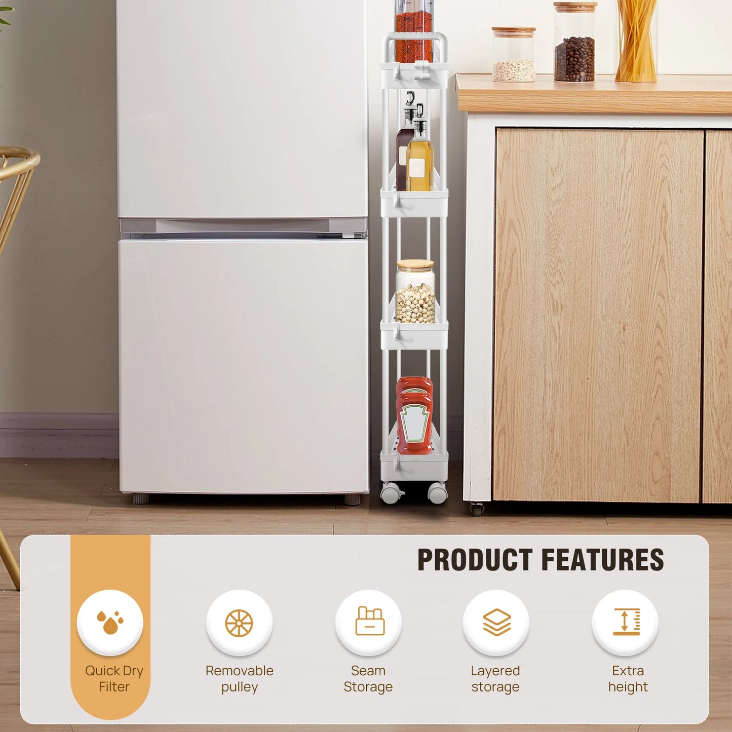 DayPlus 4-Tier Storage Rack Trolley Cart Slide-out Rolling Utility Cart Mobile Shelving Organizer for Kitchen, Bathroom,Bedroom