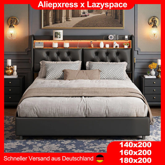 Lazyspace Black PU Upholstered Bed, Hydraulic Storage Bed, European Modern Double Bed Frame with LED Lighting & USB Port