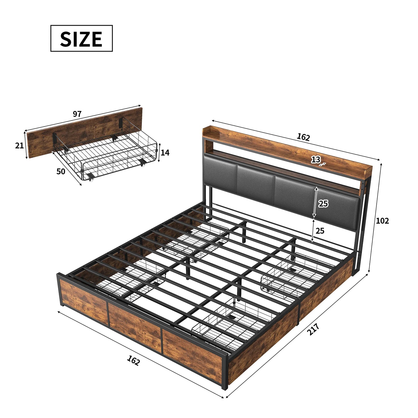 Lazyspace double bed with LED light,bed frame 160x200cm with 4 drawers,black PU headboard with storage compartments,No Mattress