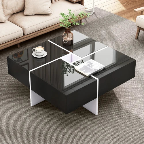 70 L x 35,5 H x 70 B (cm) Coffee table, Black high gloss living room table, side table with drawers and golden accents