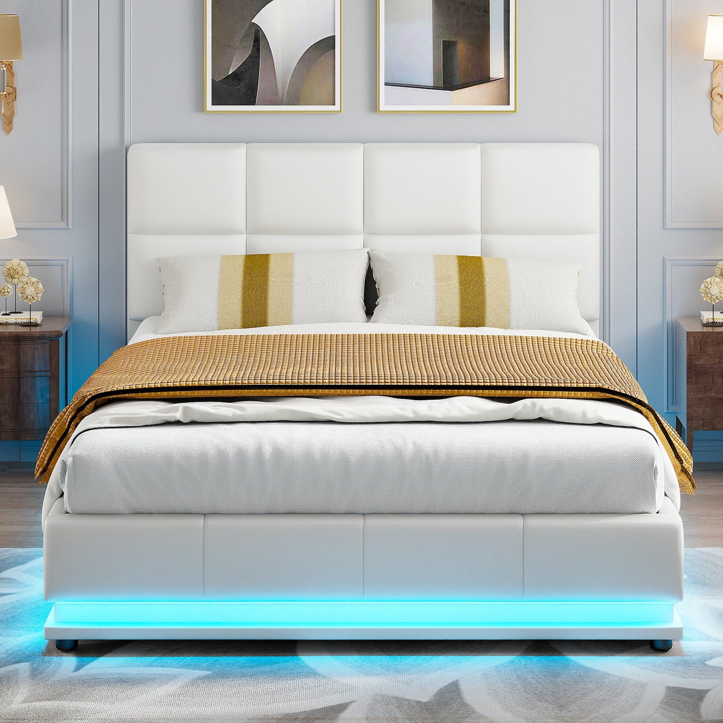 Anajqaqia 140×190 cm Upholstered Bed, Hydraulic double bed with LED lights and slatted frame, with Backrest headboard, PU, White