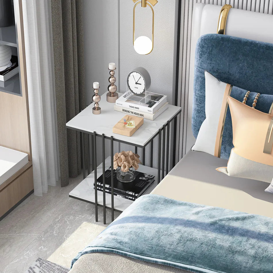 LUVODI Side Table for Living Room Modern 2-tier Square Marble Sofa Side Coffee Table with Gold n Black Metal Frame
