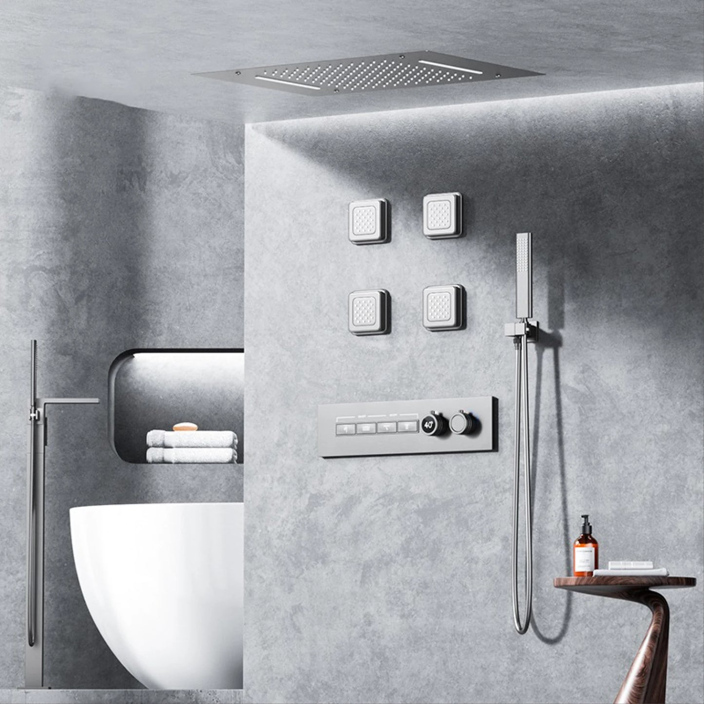 Luxury Gun Grey Brass Thermostatic Shower System Ceiling-Embedded Rainfall&Waterfall Outlet with LED Display Bathroom Mixer Tap