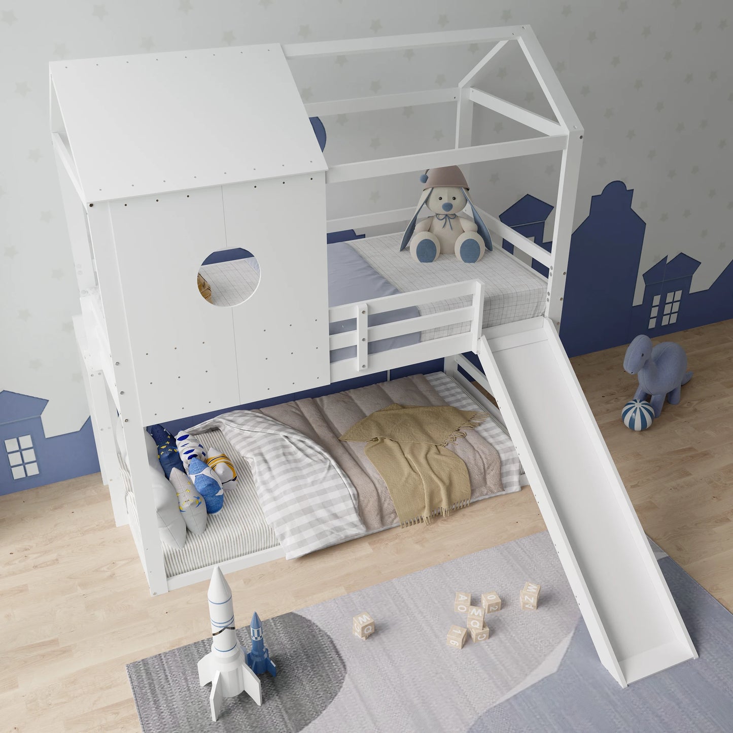 Lazyspace Children's Bunk Bed, with Slide, White Bunk Bed with Roof, with Full Protection and Slatted Frames, 90 x 200cm