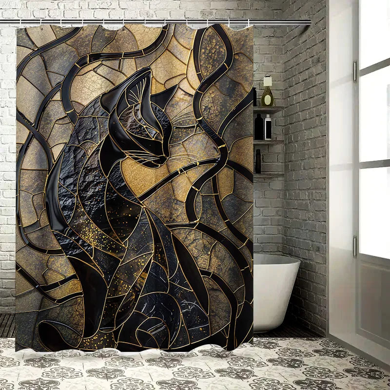 Luxurious Gold Black Cat Print Shower Curtain 3D Waterproof Decor for Bathroom Modern Home Accessories Easy Installation Kit Inc