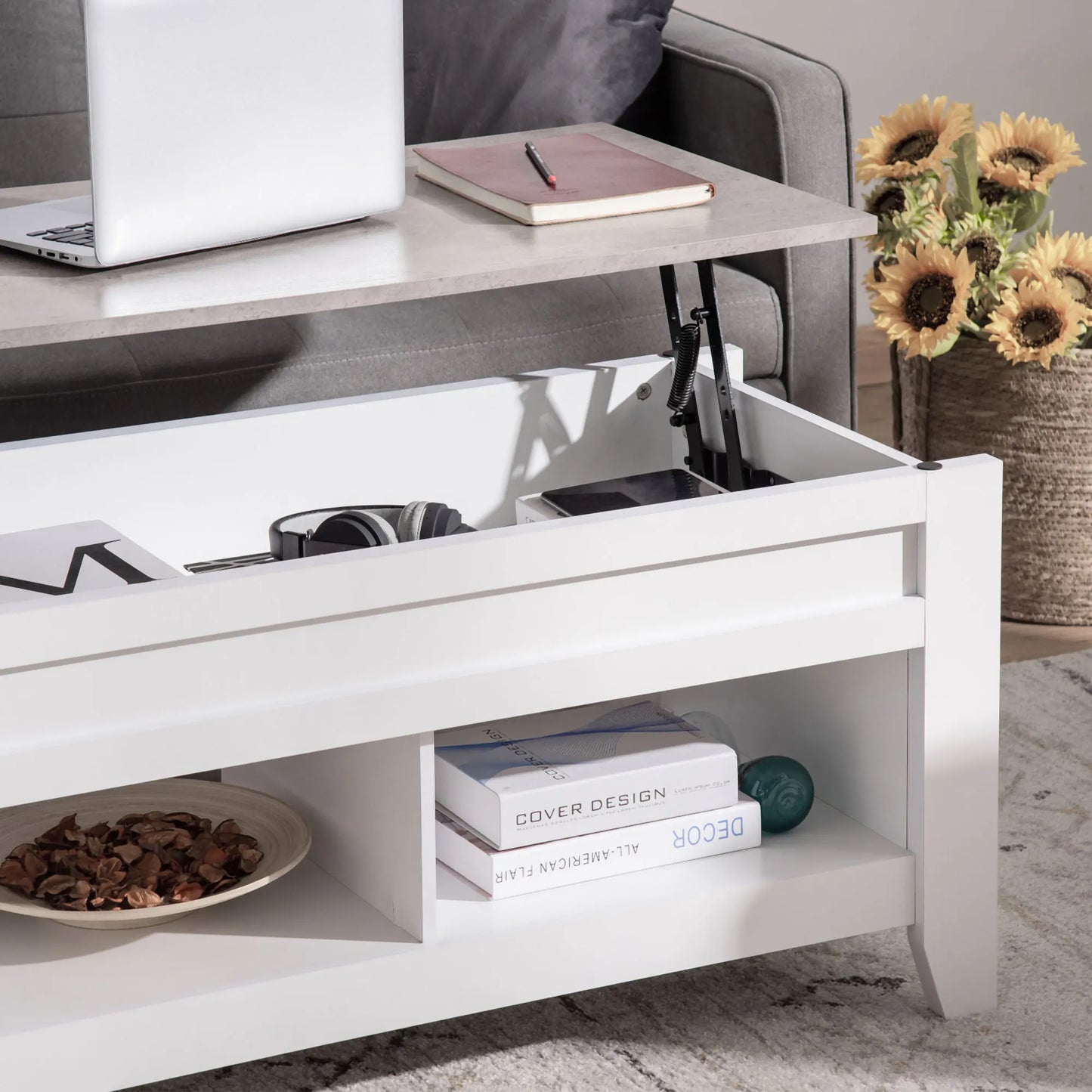 HOMCOM lifting coffee table with 2 compartments living room dining room 105x50x49 cm