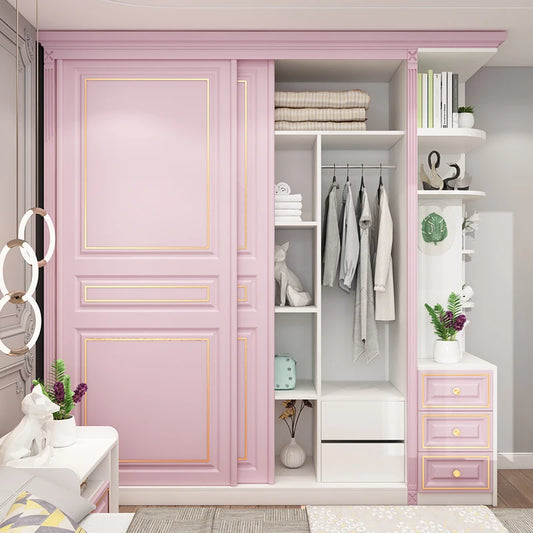 Princess Pink Girl Wardrobe American Room Light Luxury Solid Wood Sliding Door Wardrobe Multifunctional Locker