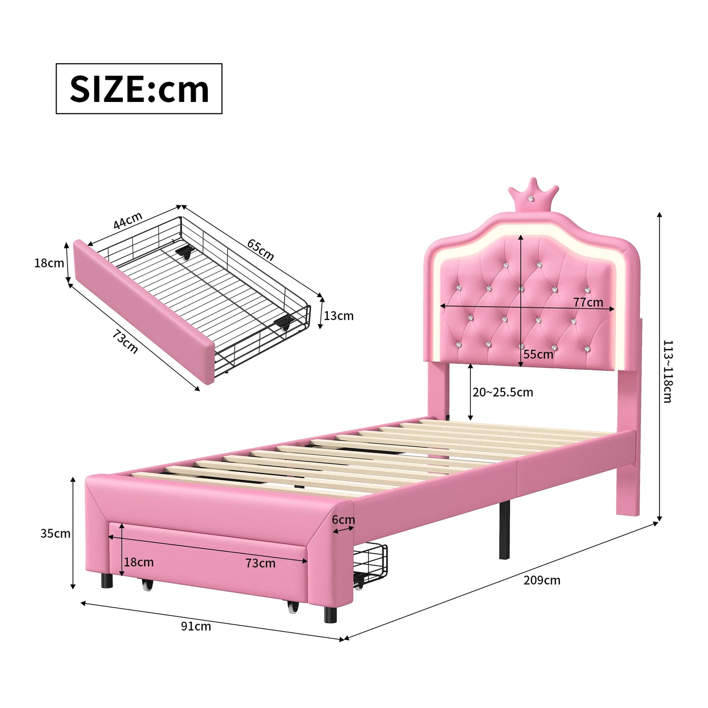 Anajqaqia 90×200 cm Children's Bed Single Bed, Crown Princess Storage Bed with Drawers and LED Headboard and Slatted Frame, PU