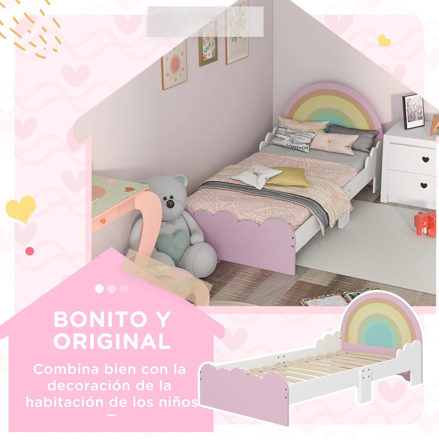 ZONEKIZ bed for children 3-6 years old rainbow 143x74x66 cm pink