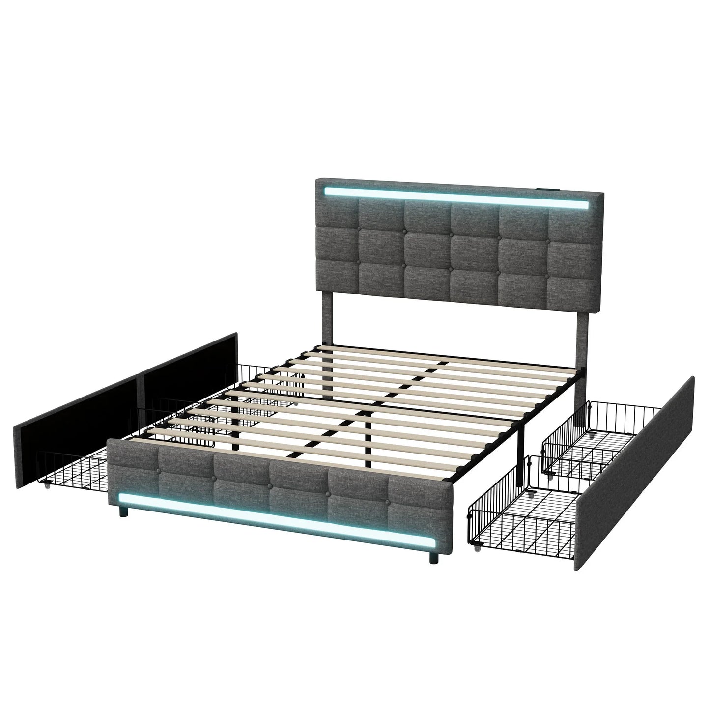 Lazyspace Hemp Upholstered Bed 140x200cm, Single Double Bed Frame with RGB Lights Headboard, USB Port and 4 Storage Drawers