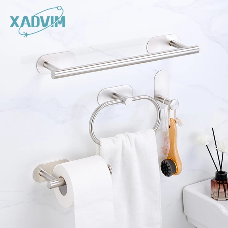 No Drilling Stainless Black Silver Towel Bar Self-adhesive Hook Paper Holder Towel Ring Brushed Gold Bathroom Accessories Set